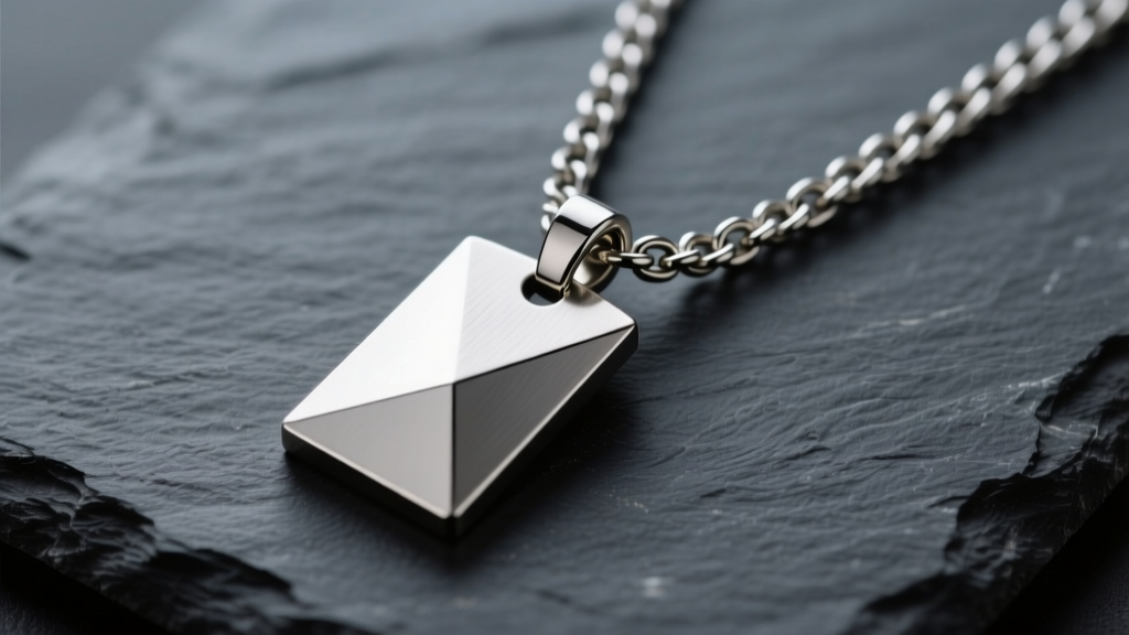 Macro shot of a brushed steel tab necklace on dark slate, showing the thick geometric pendant and sturdy curb chain in soft light.