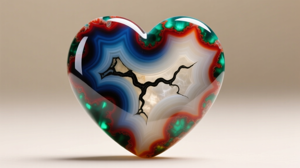 Macro photo of dyed howlite carved into a heart shape showing unnatural dark veining and concentrated color pooling near the edges.