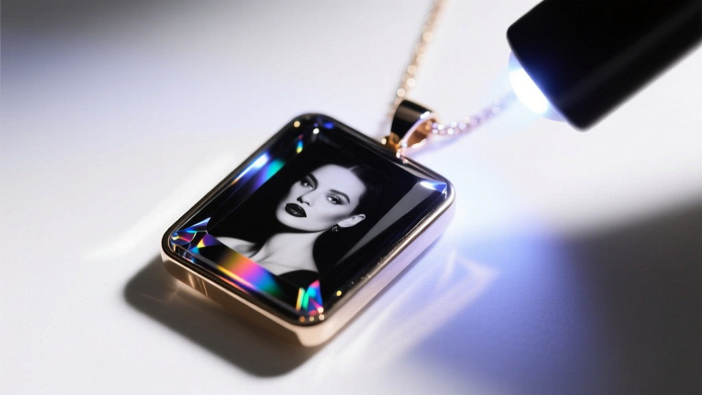 Close-up of a UV lamp curing a picture necklace pendant, highlighting the glossy resin surface and polished metal bezel edge