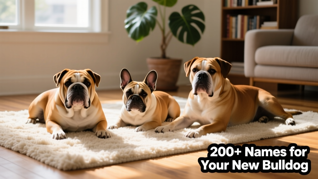Three Bulldogs of different types—English, French, and American—resting side by side on a cozy rug