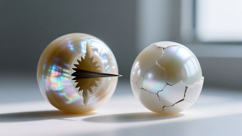 Macro view of a real pearl drill hole with sharp nacre edges next to a fake pearl showing peeling white coating over a glass core
