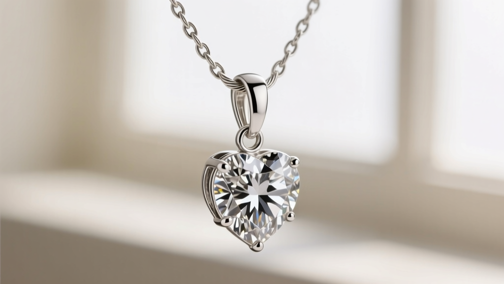 Detailed view of a sterling silver lobster clasp and soldered jump ring on a 1.2mm cable chain supporting a heavy diamond heart pendant.