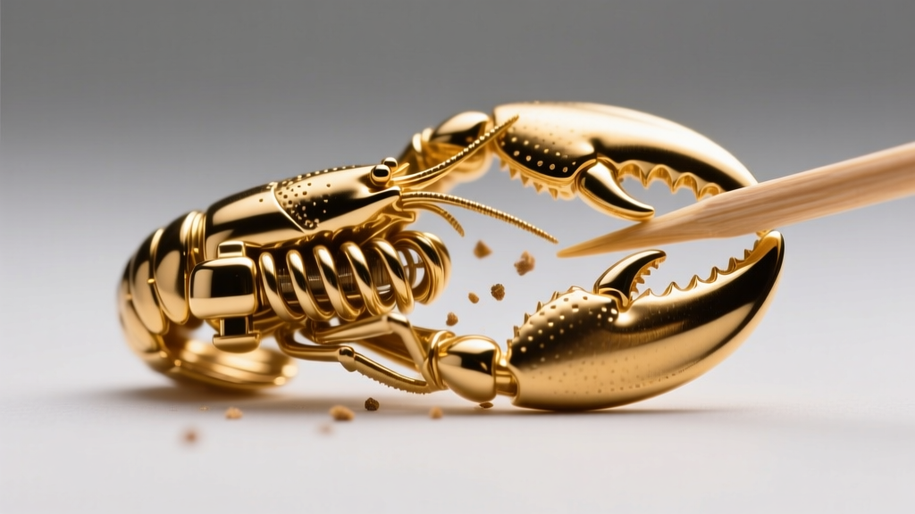 Macro shot of a gold lobster clasp cleaned with a wooden toothpick, highlighting the tiny spring mechanism and trapped debris