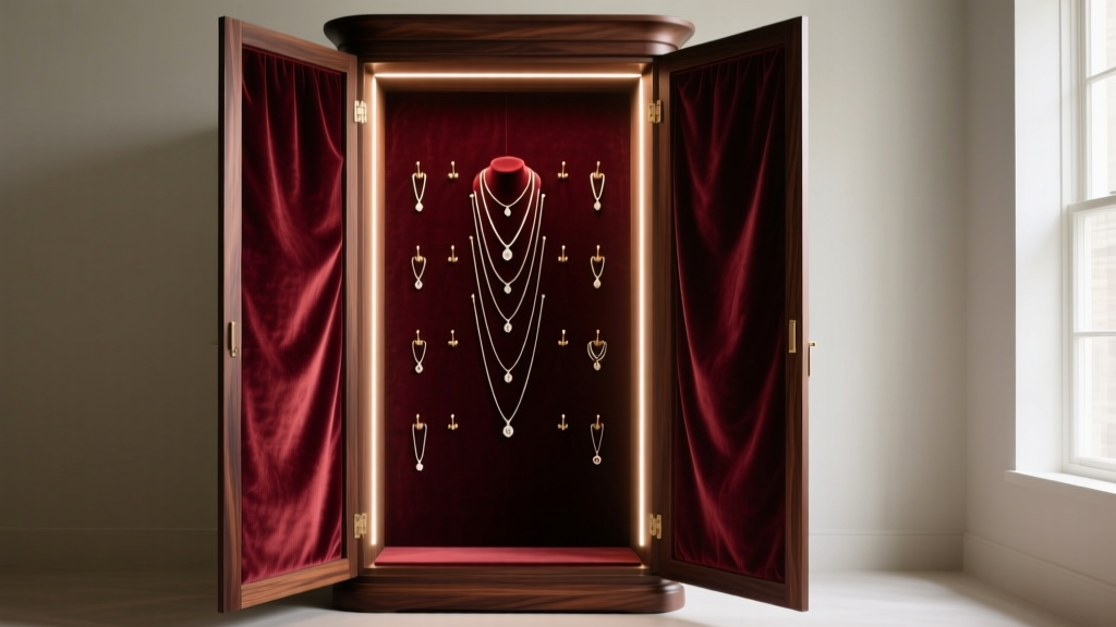 A tall, extra large free standing jewelry armoire in dark walnut finish, opened to reveal illuminated velvet-lined necklace hooks.