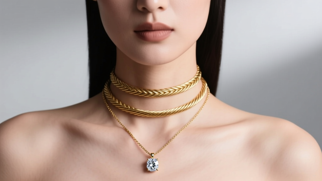 Model wearing a layered stack with a 4mm twisted herringbone choker and a longer diamond solitaire pendant on a fine gold chain.