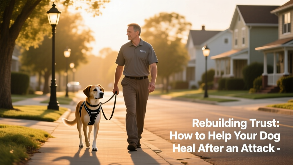 A trainer and owner calmly walking side-by-side with a relaxed dog on a quiet neighborhood street, using a front-clip harness and loose leash