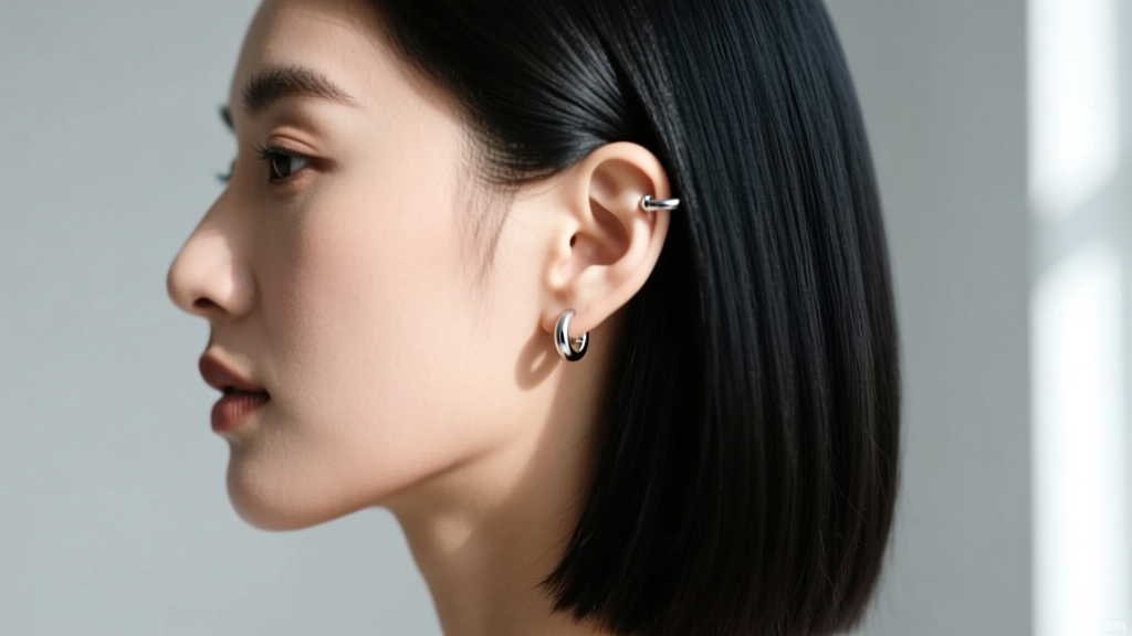 Side profile of a woman wearing a minimalist sterling silver cartilage clamp earring, showing the precise fit against the upper ear