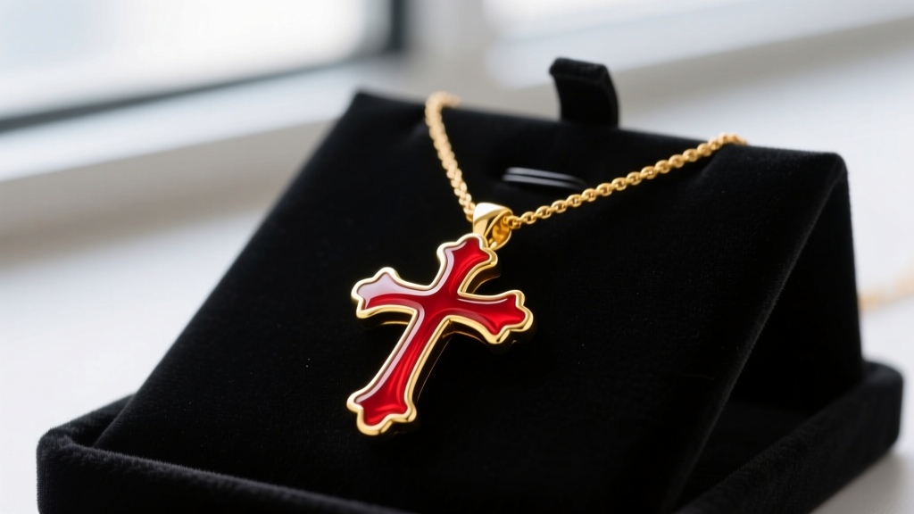 Close-up of a solid 14k yellow gold red cross necklace with vibrant vitreous enamel, resting on a dark velvet jewelry display pad.