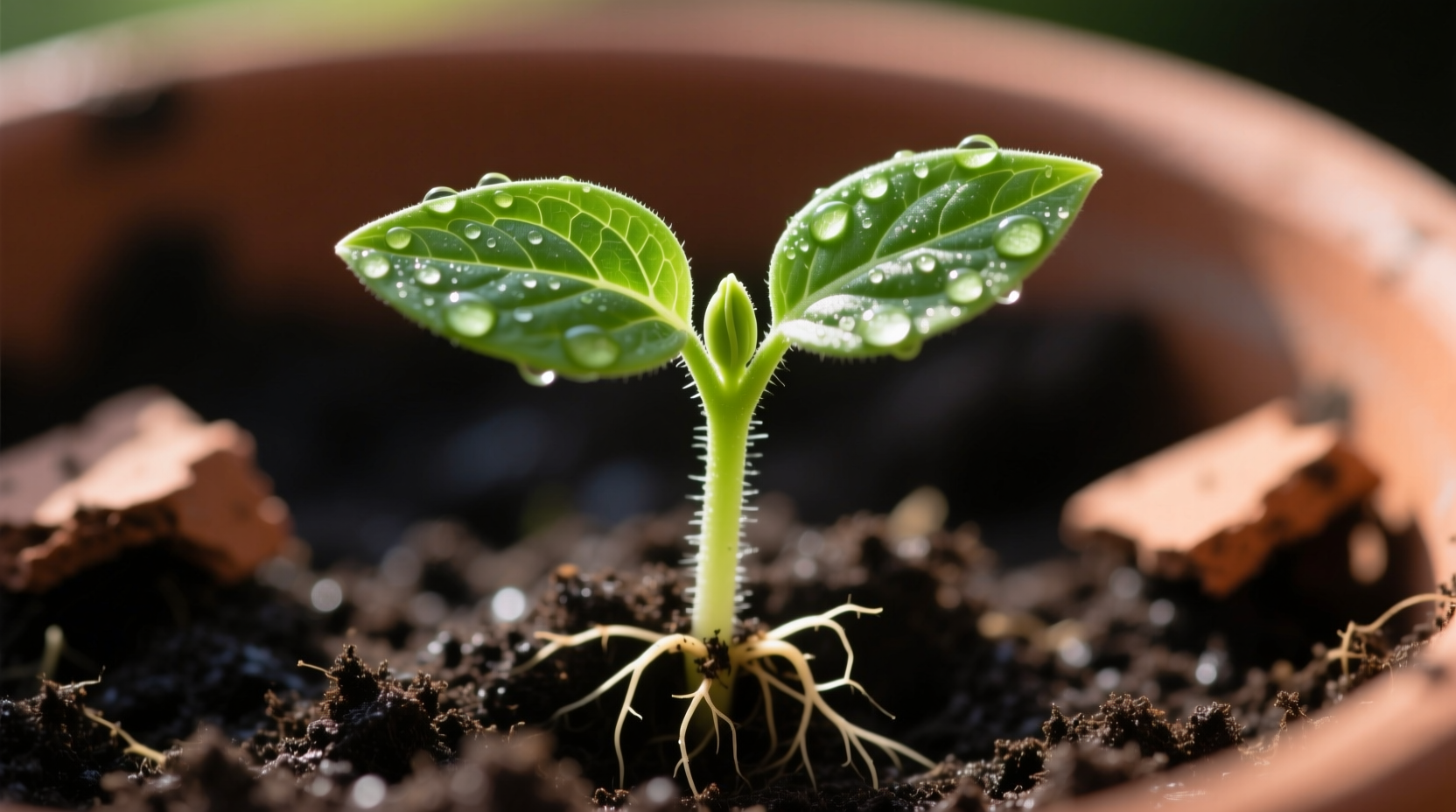 Healthy tomato seedling with cotyledons