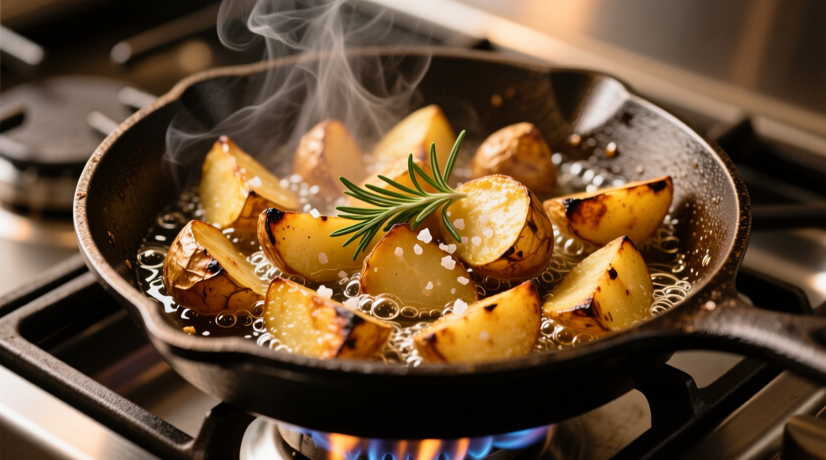 Golden brown fried potatoes sizzling in cast iron skillet