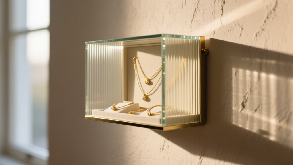 Fluted glass wall hanging jewelry box on a limewash wall, displaying gold necklaces bathed in soft, diffused morning sunlight.