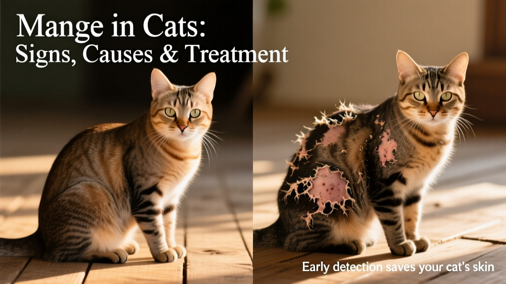 Side-by-side comparison showing healthy cat skin versus mange-affected skin with crusting and hair loss