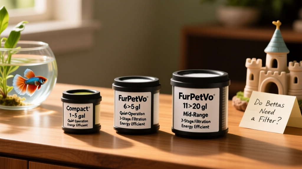 Side-by-side comparison of three FurPetVo filter models labeled with tank size recommendations and key features