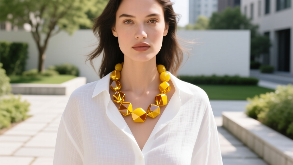 Woman wearing a chunky vintage yellow Bakelite bead necklace over a white linen shirt, captured in bright natural daylight outdoor