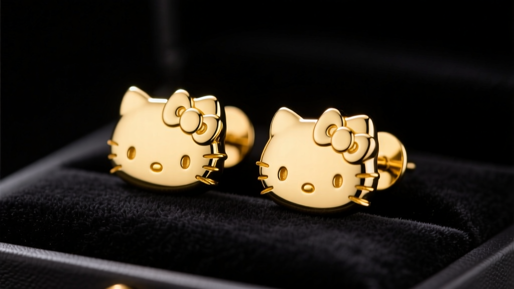 Close-up of 14k solid yellow gold Hello Kitty stud earrings resting on a black velvet pad, illuminated by soft studio lighting.