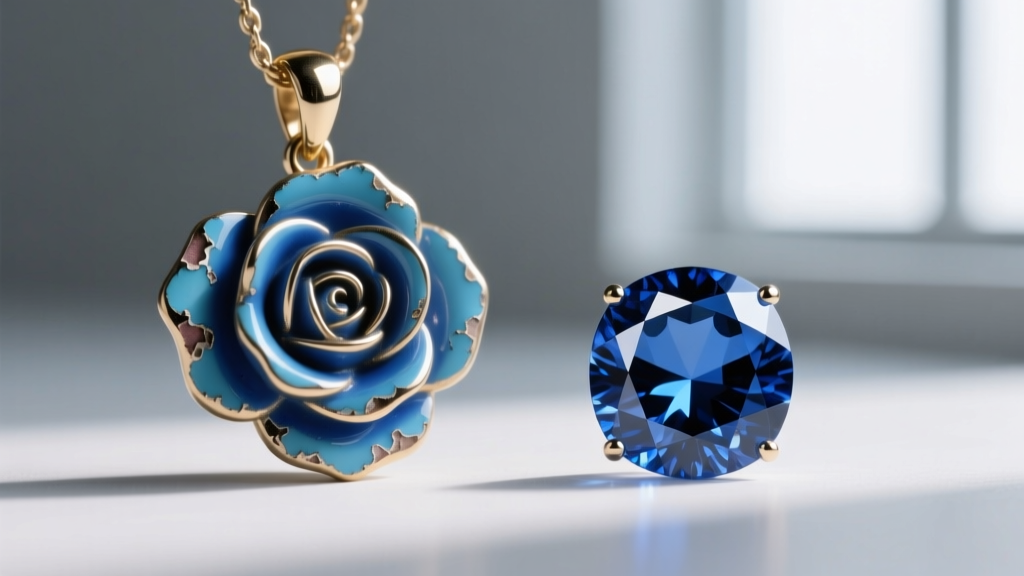 Macro photo comparing a cheap enamel blue rose pendant with chipped paint next to a high-quality faceted sapphire rose-cut gem.