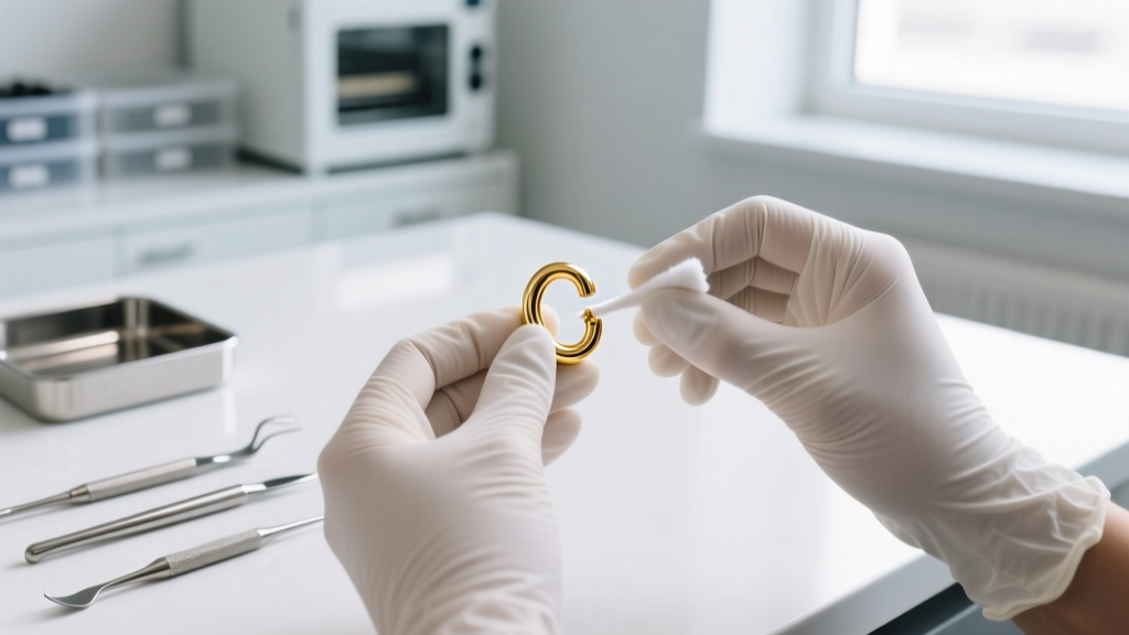 Gloved hands cleaning a small gold cartilage hoop earring with sterile saline in a bright clinical piercing studio environment.