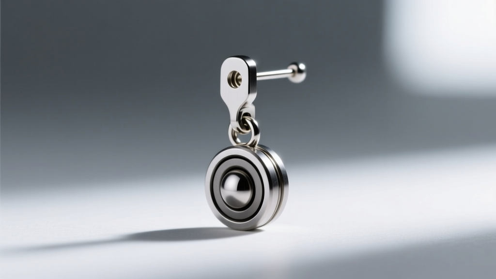 Macro shot of an articulated titanium hinge mechanism on a drop earring, showing the 20-gauge pin and polished ball bearing