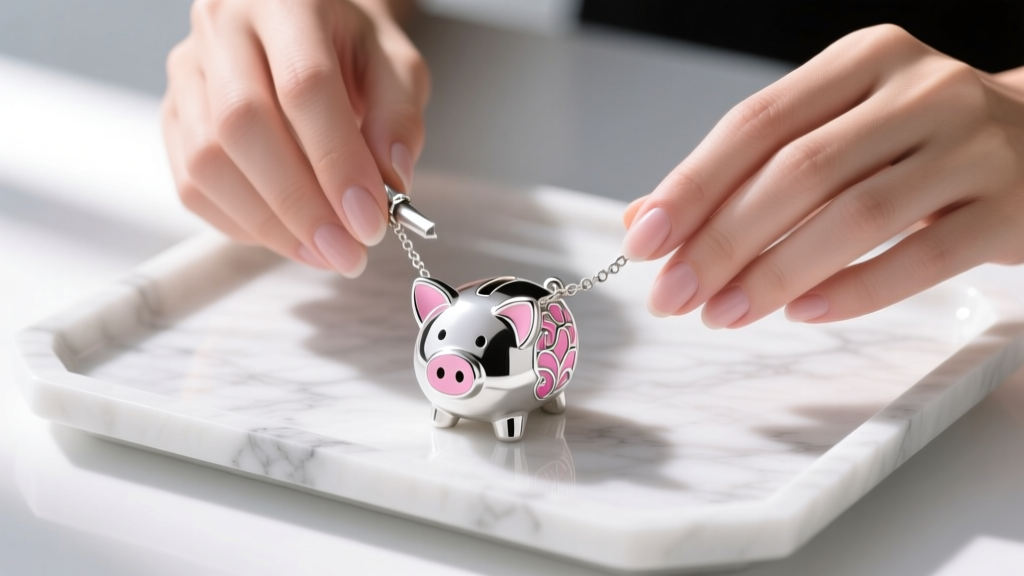 Hands using a microfiber cloth to gently polish a sterling silver and pink enamel piggy necklace resting on a white marble tray.