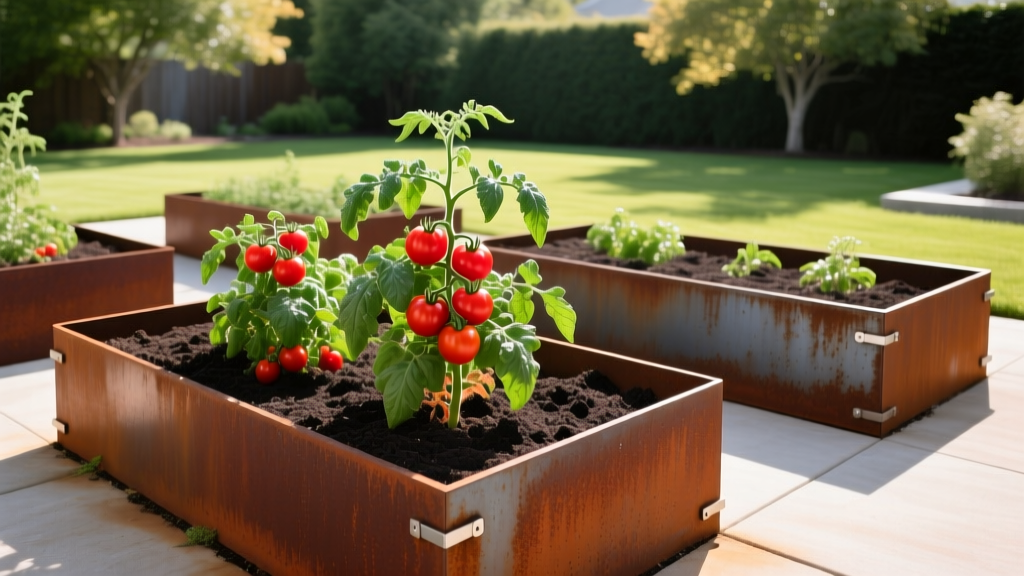 Corten steel raised garden bed panels with corner brackets, filled with dark soil and thriving tomato plants in a sunny yard.