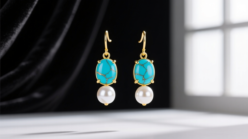 Drop earrings with vibrant blue turquoise cabochons and luminous white Akoya pearls set in 18k yellow gold against dark velvet.