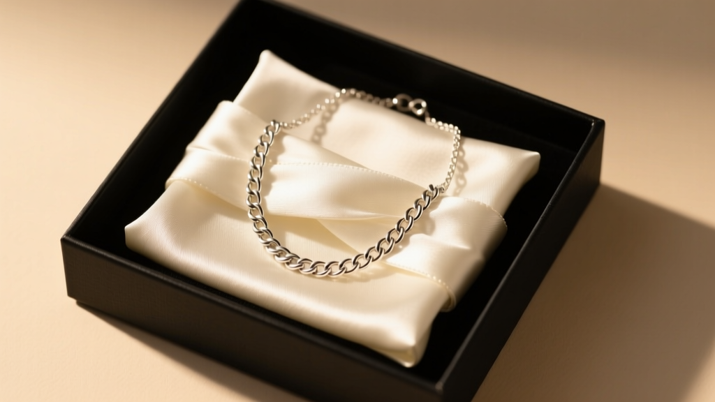Wrapping a cloth around a 925 chain necklace, placing it into a matte black presentation box, warm ambient lighting, top-down view.