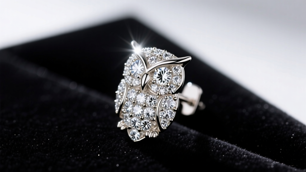 Close-up of a 14k white gold owl-motif earring fully paved with VVS diamonds, resting on black velvet under bright studio lighting.