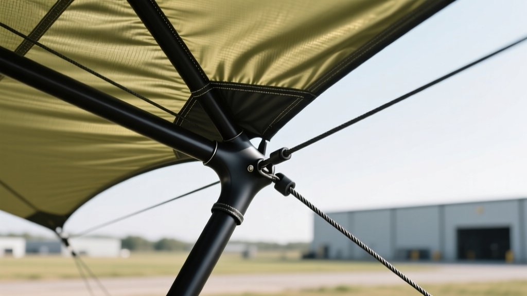 Close-up of high-tenacity ripstop nylon canopy attached to pultruded carbon fiber spars and UHMWPE tether lines on an industrial traction kite