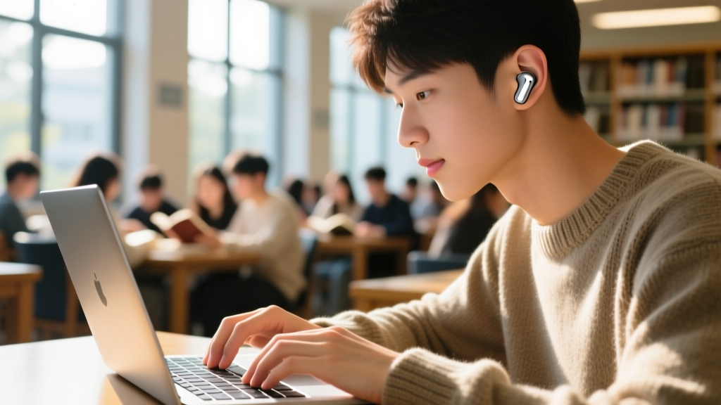 Close-up of a student wearing EarFun Air Pro 4 earbuds while typing on a laptop in a crowded, brightly lit university library.
