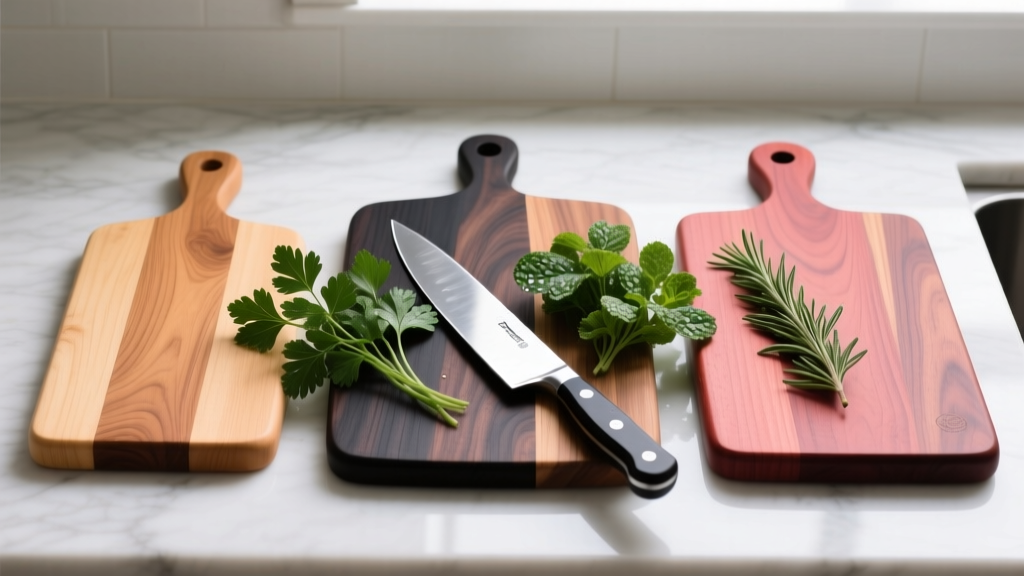 Overhead view of hard maple, black walnut, and cherry wood cutting boards resting on a marble counter with fresh herbs and a chef knife.