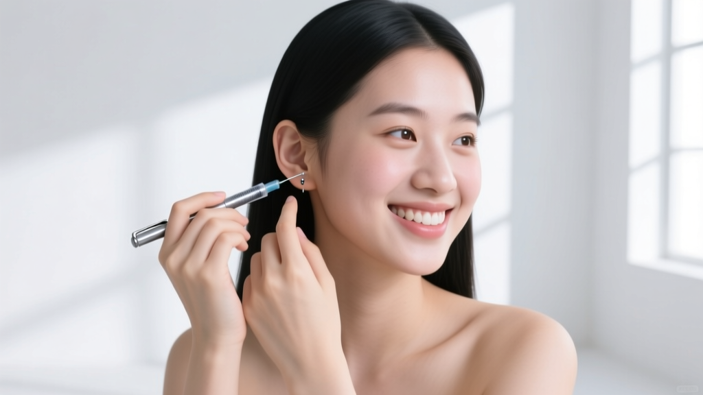 Smiling teen girl as a professional piercer marks her earlobe with a surgical pen, avoiding the traditional mall piercing gun