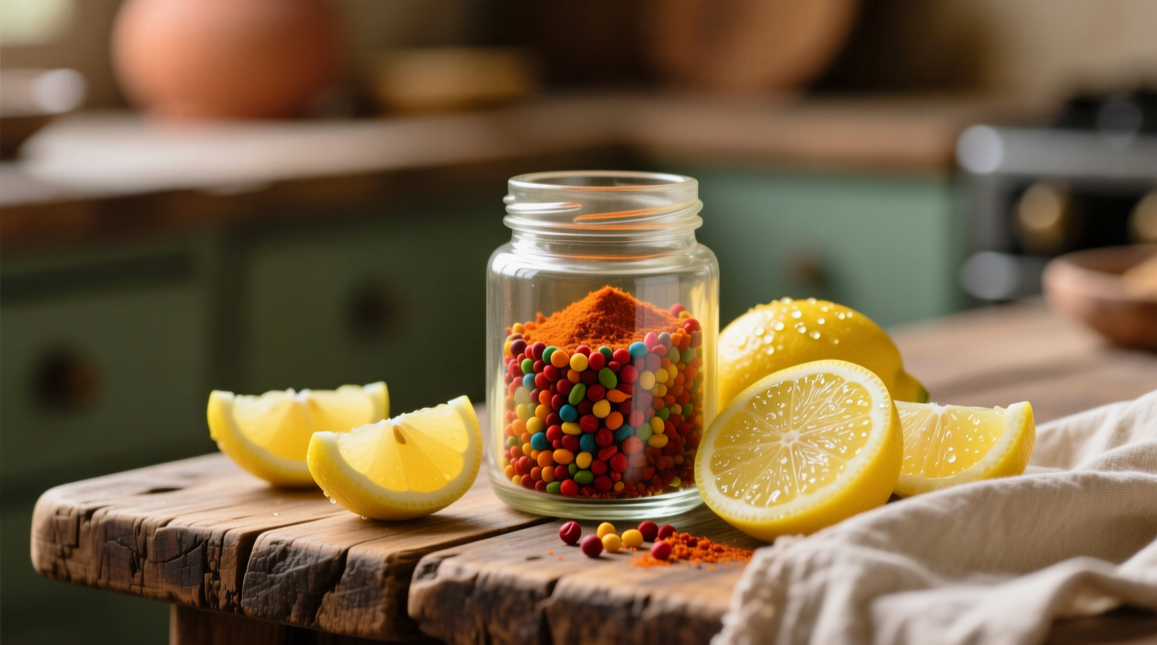 Colorful sumac spice in glass jar with lemon wedges