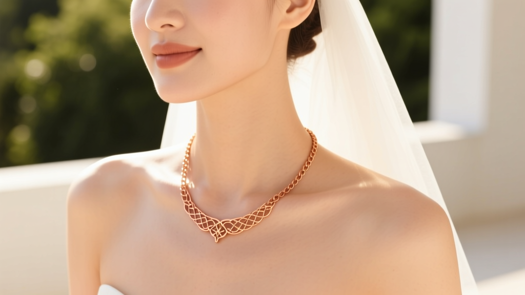 Bride wearing a 14K rose gold lariat necklace, highlighting warm copper undertones against her skin in bright, natural sunlight.