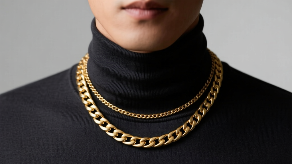 Man wearing a 5mm gold herringbone necklace over a dark turtleneck, soft studio light highlighting the flat chain links.