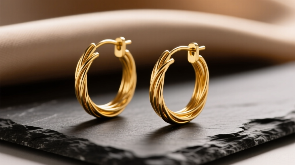 Macro shot of 18k gold continuous earring wire hoops on dark slate with a soft cloth, bathed in warm directional studio lighting.
