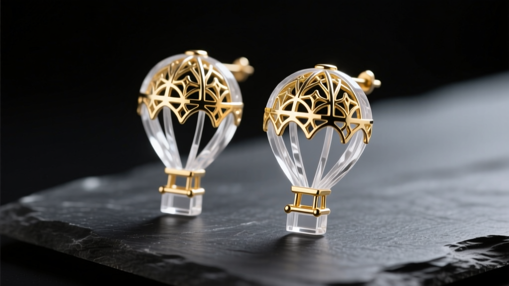 Macro shot of laser-cut acrylic hot air balloon earrings with gold filigree details resting on dark slate under studio lighting.