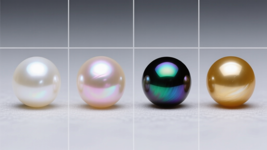 Macro photo comparing four pearl types side-by-side: white freshwater, cream Akoya, dark peacock Tahitian, and golden South Sea