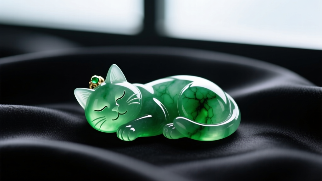 Close-up of a translucent green jadeite cat pendant carved in a sleeping pose, resting on dark silk cloth with soft studio lighting.