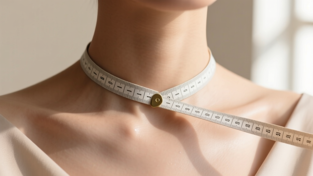Close-up of soft measuring tape draped around a collarbone, showing how to determine necklaces length accurately in natural light