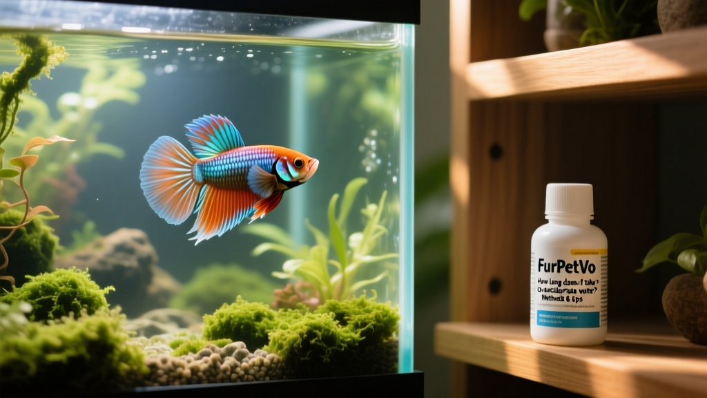 Happy betta fish swimming in a well-planted aquarium with clear water and visible FurPetVo product bottle on nearby shelf