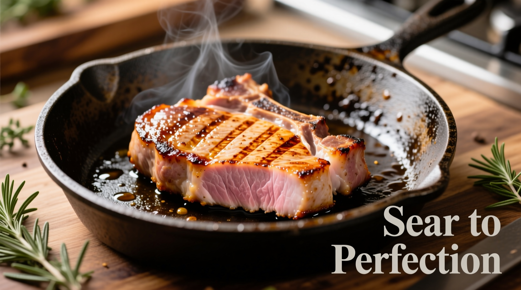 Perfectly seared thin pork chops on cast iron skillet