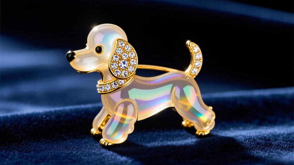 Close-up of a vintage Trifari gold-plated jelly belly poodle brooch with lucite body and rhinestone accents on dark velvet.