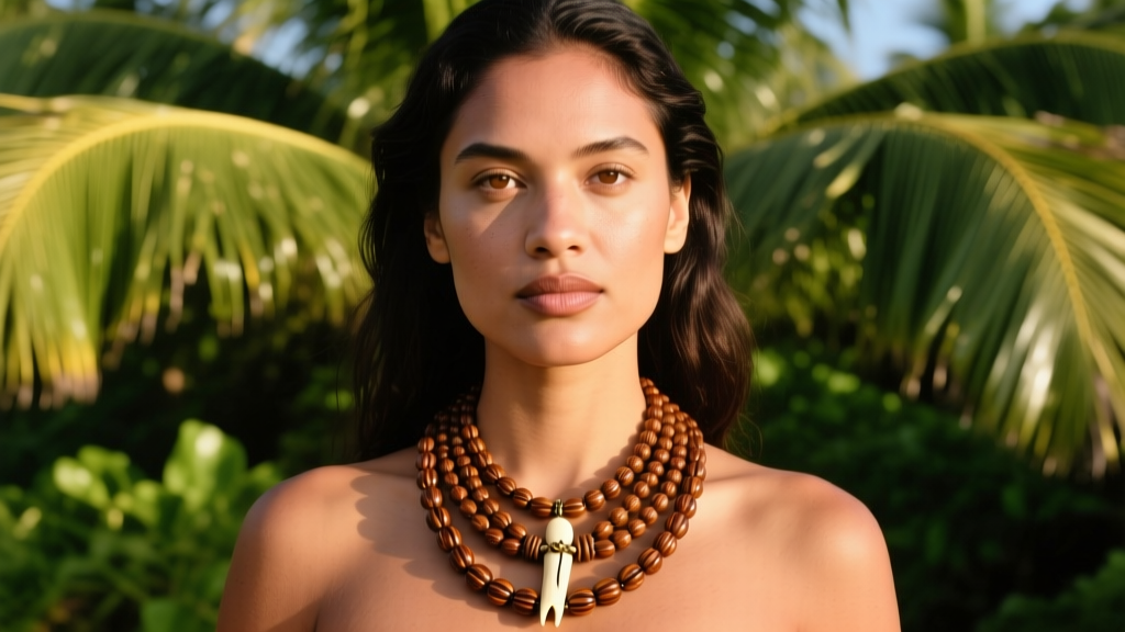 Person wearing a multi-strand brown kukui nut necklace with a bone clasp, against a lush tropical green backdrop in warm sunlight.