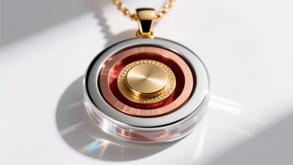 Cross-section diagram of a pendant showing a brass core, copper strike, silver plating, and clear e-coating layer.