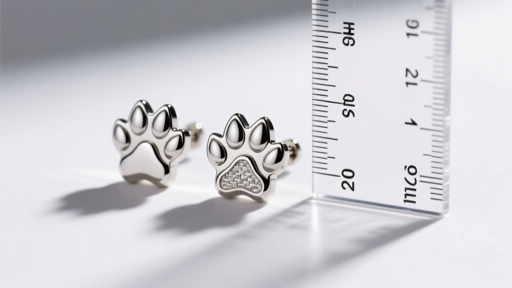 Macro view of 20-gauge and 16-gauge titanium paw print earring posts showing thickness next to a clear metric ruler.