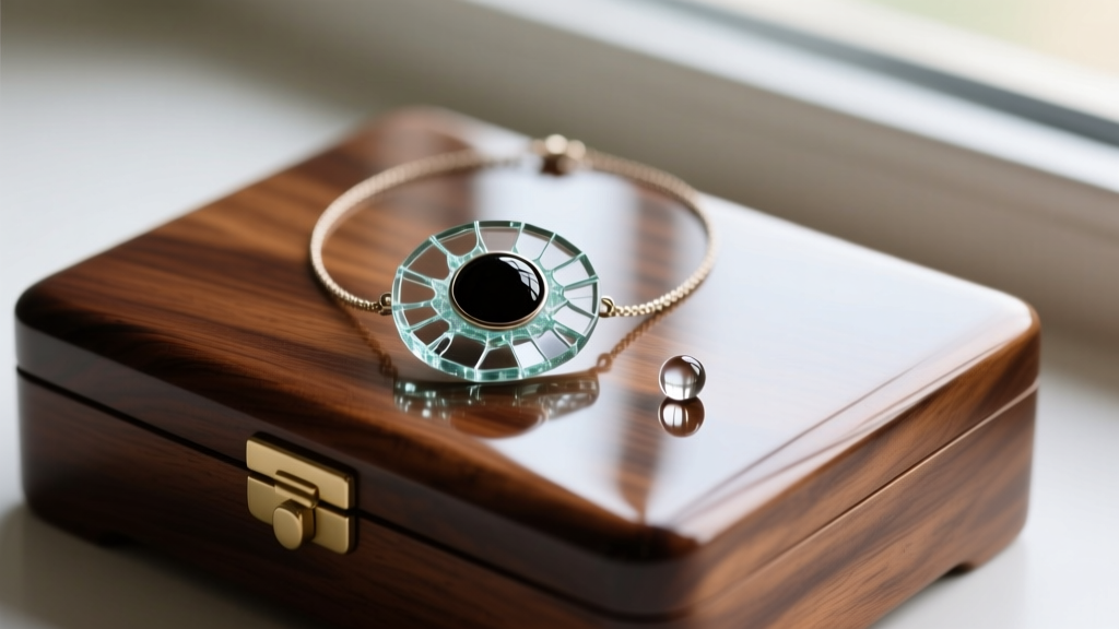 Cracked glass mood necklace bezel with a blackened opaque center resting next to a water droplet on a polished wooden jewelry box