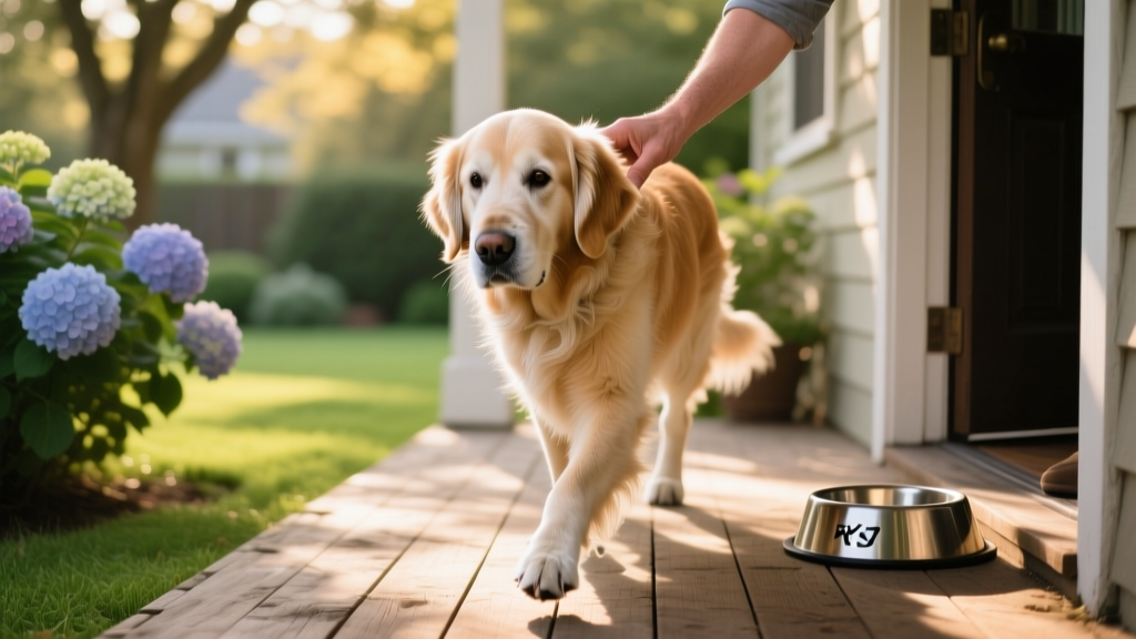 Senior dog being gently helped outdoors for a potty break