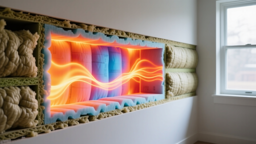 Wall cavity cross-section showing dense fiberglass batts and rigid foam insulation with a bright thermal imaging overlay revealing heat flow
