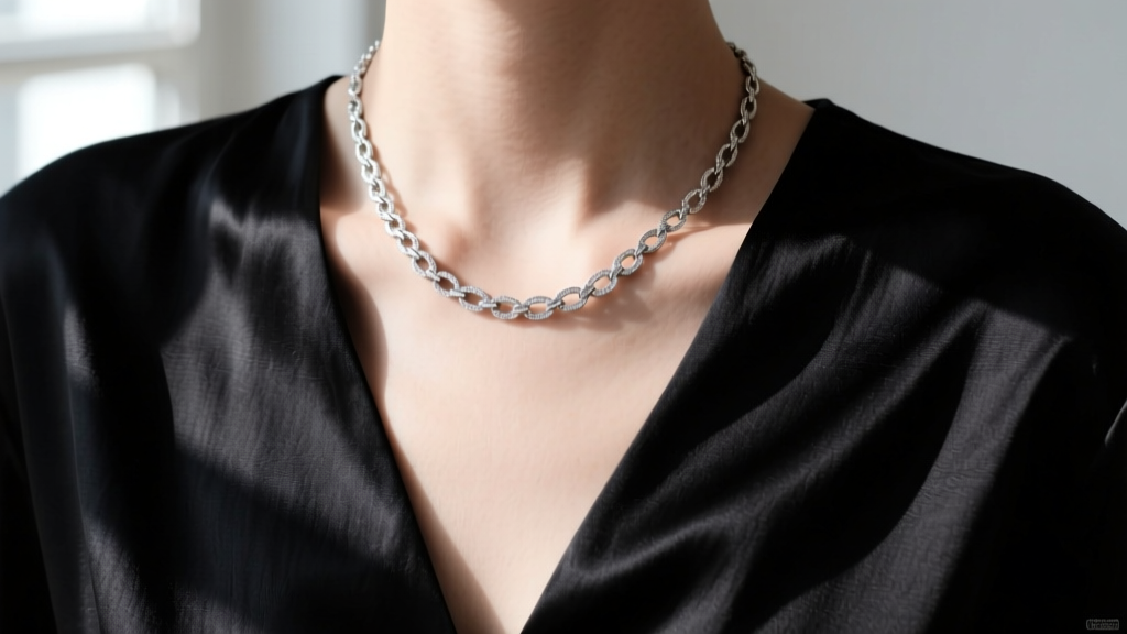 Silver matinee necklace resting on the collarbone of a model wearing a deep black v-neck silk blouse, close up shot