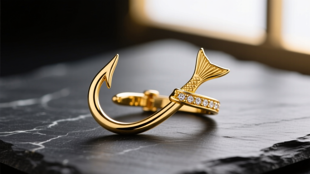 Close-up macro photography of a polished 14k yellow gold fish hook necklace clasp resting on a dark slate surface, soft lighting.